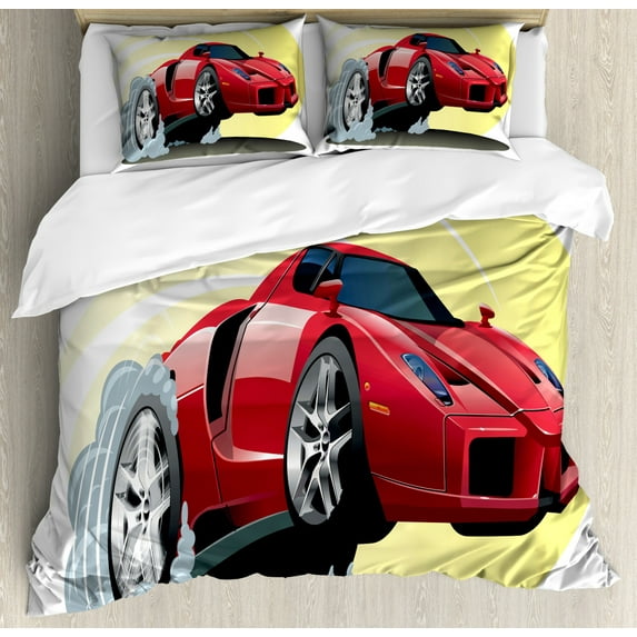 Cars Duvet Cover Set Queen Size, Powerful Cartoon Red Car Speeding Jumping with Smoke Coming Out Of Giant Tires, Decorative 3 Piece Bedding Set with 2 Pillow Shams, Red Yellow Gray, by Ambesonne