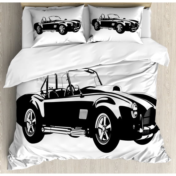 Cars Duvet Cover Set Queen Size, Silhouette Classic Sport Car Ac Cobra Roadster American Antique Engine Autosport, Decorative 3 Piece Bedding Set with 2 Pillow Shams, Black White, by Ambesonne
