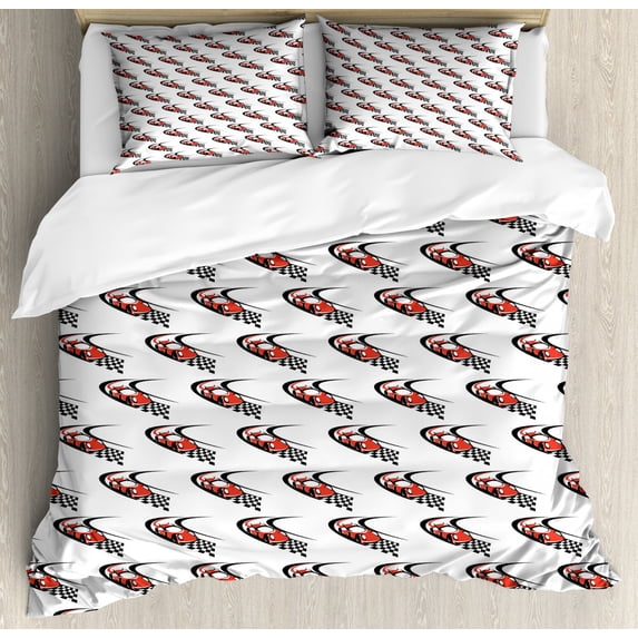Cars Duvet Cover Set Queen Size, Speeding Fast Red Race Car on a Formula Rally Near the Finishing Line Wining, Decorative 3 Piece Bedding Set with 2 Pillow Shams, Scarlet Black White, by Ambesonne