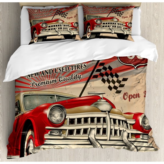 Cars Duvet Cover Set Queen Size, Tires Shop and Service Route 66 Emblem Advertisement Retro Style Poster Print, Decorative 3 Piece Bedding Set with 2 Pillow Shams, Red Grey Sepia, by Ambesonne