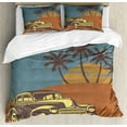 thumbnail image 1 of Cars Duvet Cover Set Queen Size, Vintage Car on the Beach with Palm Trees at Sunset Grunge Display, Decorative 3 Piece Bedding Set with 2 Pillow Shams, Blue Dark Orange Pale Yellow, by Ambesonne, 1 of 3