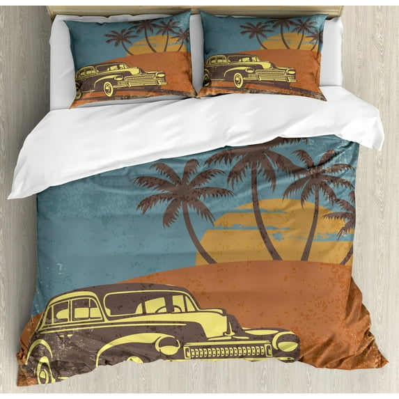 Cars Duvet Cover Set Queen Size, Vintage Car on the Beach with Palm Trees at Sunset Grunge Display, Decorative 3 Piece Bedding Set with 2 Pillow Shams, Blue Dark Orange Pale Yellow, by Ambesonne