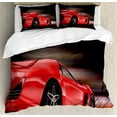 thumbnail image 1 of Cars Duvet Cover Set, Rear View of a Futuristic Sports Car Motion Power Transportation Vehicle Sublime Theme, Decorative 3 Piece Bedding Set with 2 Pillow Shams, Queen Size, Red Black, by Ambesonne, 1 of 3
