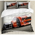 thumbnail image 1 of Cars Duvet Cover Set, Sports Car Competing on Highway Chasing Another Team Champion Win Fast Life Image, Decorative 3 Piece Bedding Set with 2 Pillow Shams, Queen Size, Red Grey, by Ambesonne, 1 of 3