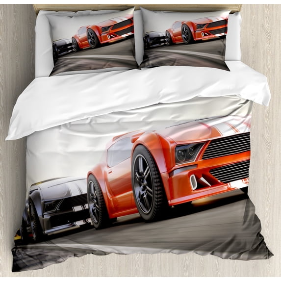 Cars Duvet Cover Set, Sports Car Competing on Highway Chasing Another Team Champion Win Fast Life Image, Decorative 3 Piece Bedding Set with 2 Pillow Shams, Queen Size, Red Grey, by Ambesonne