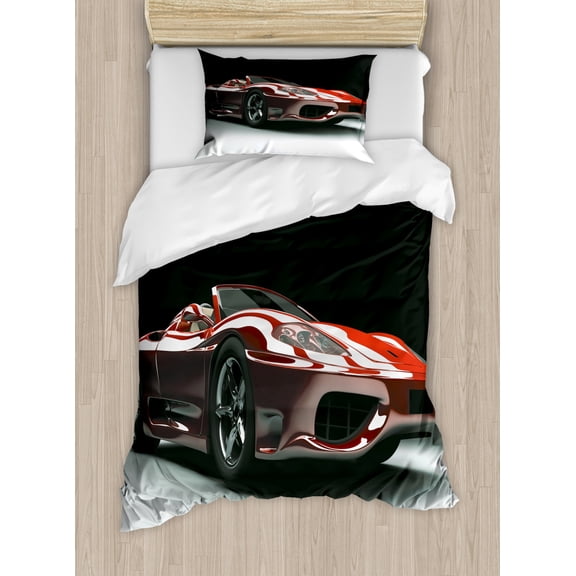 Cars Duvet Cover Set Twin Size, Automotive Industry Theme Powerful Engine Fast Technology Prestige Performance, Decorative 2 Piece Bedding Set with 1 Pillow Sham, Red Black White, by Ambesonne