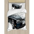 thumbnail image 1 of Cars Duvet Cover Set Twin Size, Black Modern Pony Car with White Racing Stripes Coupe Sports Dragster Print, Decorative 2 Piece Bedding Set with 1 Pillow Sham, Black Grey White, by Ambesonne, 1 of 3