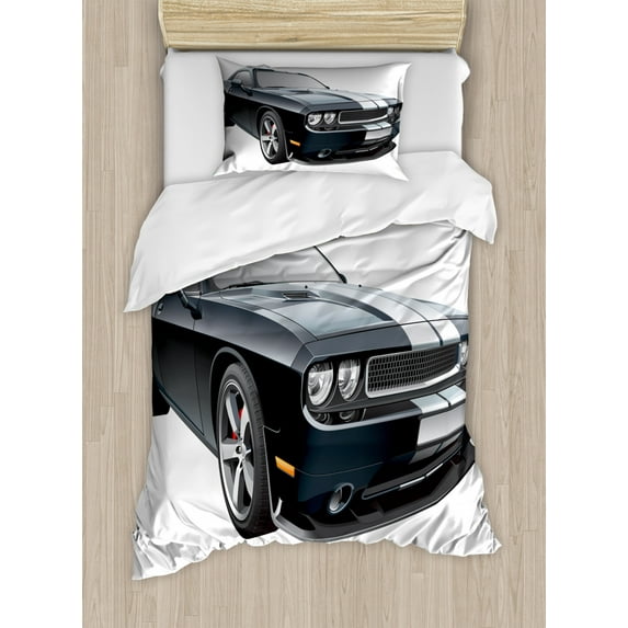 Cars Duvet Cover Set Twin Size, Black Modern Pony Car with White Racing Stripes Coupe Sports Dragster Print, Decorative 2 Piece Bedding Set with 1 Pillow Sham, Black Grey White, by Ambesonne