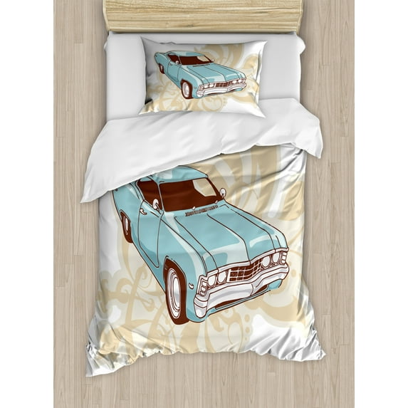 Cars Duvet Cover Set Twin Size, Classical Sport Car with Abstract Design in the Background Retro Style Vehicle, Decorative 2 Piece Bedding Set with 1 Pillow Sham, Blue Baby Pink, by Ambesonne