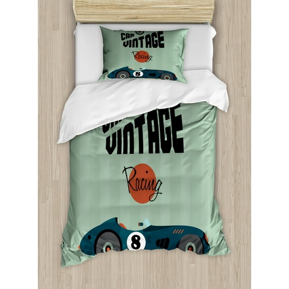 Cars Duvet Cover Set Twin Size, Classical Vintage Car Poster Racing Sports Competition Theme, Decorative 2 Piece Bedding Set with 1 Pillow Sham, Reseda Green Petrol Blue Cinnamon, by Ambesonne