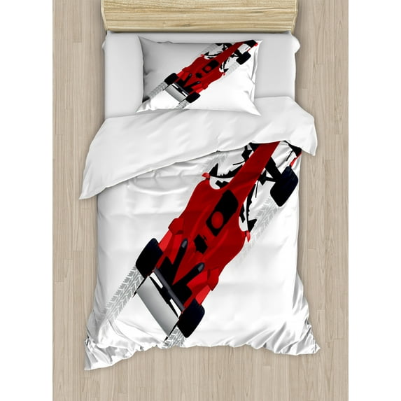 Cars Duvet Cover Set Twin Size, Formula Car on Speedway Championship Fast Performance Rally Strong Vehicle, Decorative 2 Piece Bedding Set with 1 Pillow Sham, Red Black Pale Gray, by Ambesonne