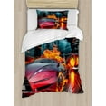 thumbnail image 1 of Cars Duvet Cover Set Twin Size, Hot Red Concept Car in Flames Blazing Tires Building and Birds Speeding Fast, Decorative 2 Piece Bedding Set with 1 Pillow Sham, Red Orange Blue, by Ambesonne, 1 of 3