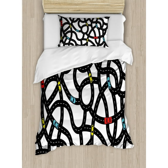 Cars Duvet Cover Set Twin Size, Intertwining Roads with Cars on Them Complicated Design with Urban Life Theme, Decorative 2 Piece Bedding Set with 1 Pillow Sham, Black Yellow Blue, by Ambesonne