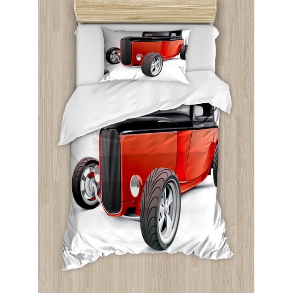 Cars Duvet Cover Set Twin Size, Nostalgia Red Hot Rod American Culture Retro Revival Classics Collector's Car, Decorative 2 Piece Bedding Set with 1 Pillow Sham, Red Black White, by Ambesonne