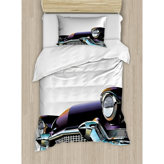 Cars Duvet Cover Set Twin Size, Old Fashioned Automobile Old Timer Antique American Collector's Vehicle, Decorative 2 Piece Bedding Set with 1 Pillow Sham, Black Pale Blue Orange, by Ambesonne