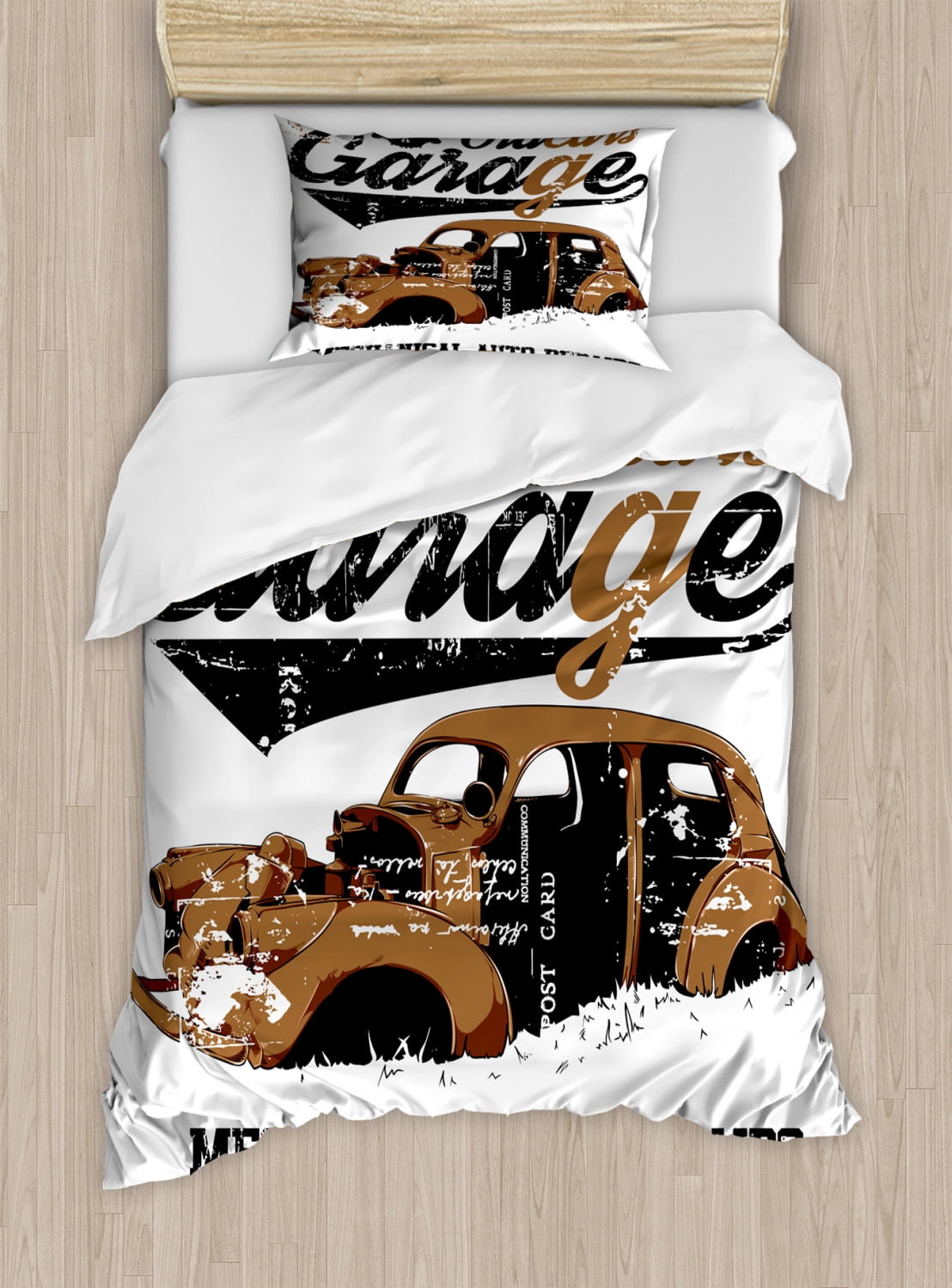 Twin Size Pale Brown and Black Vintage Car Duvet Cover Set