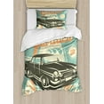 thumbnail image 1 of Cars Duvet Cover Set Twin Size, Retro Car Wash Poster Mechanic Repair Cleaning Grunge Advertising, Decorative 2 Piece Bedding Set with 1 Pillow Sham, Turquoise Pale Orange Black, by Ambesonne, 1 of 3