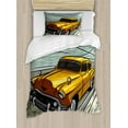 thumbnail image 1 of Cars Duvet Cover Set Twin Size, Speeding Yellow Vintage Car on Road Fast Vehicle Action Retro Inspired, Decorative 2 Piece Bedding Set with 1 Pillow Sham, Reseda Green Yellow Gray, by Ambesonne, 1 of 3