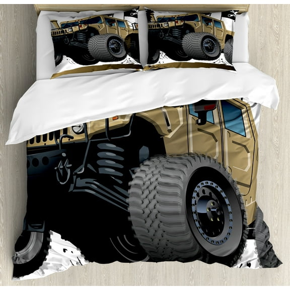 Cars Duvet Cover Set, Worldwide Off Road Famous Savannah Rally Truck Skull Pirate Flag Camouflage Design, Decorative 3 Piece Bedding Set with 2 Pillow Shams, Queen Size, Brown and Grey, by Ambesonne