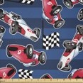 thumbnail image 1 of Cars Fabric by The Yard, Vintage Racing Cars on Blue Stripes with Checkered Flags Automobile Sports, Stretch Knit Fabric for Clothing Sewing and Arts Crafts, 1 Yard, Red Blue, by Ambesonne, 1 of 1