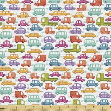 Ambesonne Cars Fabric by the Yard Upholstery, Vibrant Doodle Style Rides, 2 Yards, Multicolor