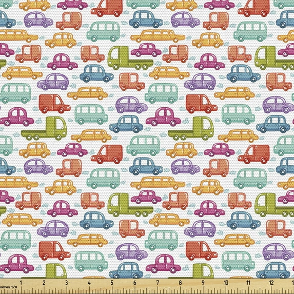 Ambesonne Cars Fabric by the Yard Upholstery, Vibrant Doodle Style Rides, 2 Yards, Multicolor