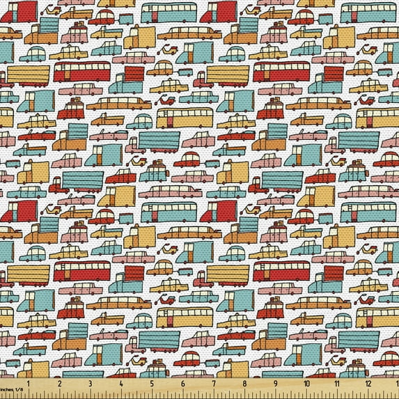 Ambesonne Cars Fabric by the Yard Upholstery, Motorbikes Caravans Bus, 3 Yards, Aqua Red Orange