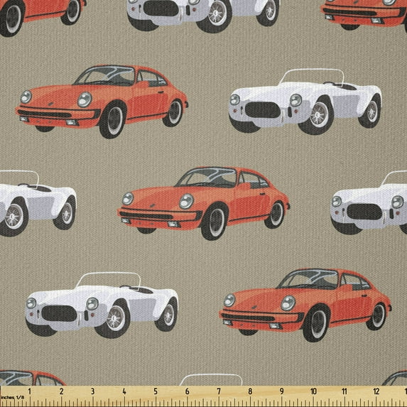 Cars Fabric by The Yard, Retro Fast Sports Cars in White and Orange Vintage Vehicle Design Speed Driving Print, Stretch Knit Fabric for Clothing Sewing and Arts Crafts, 2 Yards, Beige Red, Ambesonne