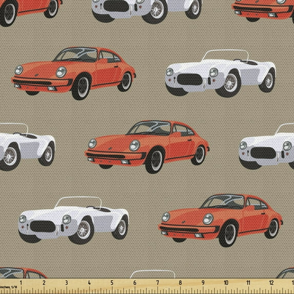 Ambesonne Cars Fabric by the Yard Upholstery, Vintage Sports Vehicle, 1 Yard, Tan Orange