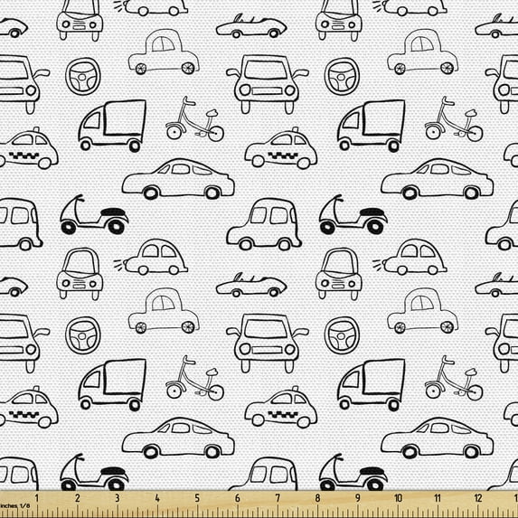 Ambesonne Cars Fabric by the Yard Upholstery, Transportation Sketch Art, 3 Yards, Black and White