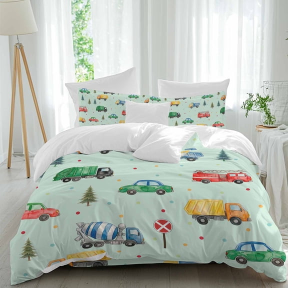 Cars Fire Trucks Duvet Cover Set Queen Size, Mixers Warning Cards Tree Wave Points Blue 4 Piece Bedding Set with Zipper Closure & Corner Ties Soft Breathable Comforter Cover for Bedroom