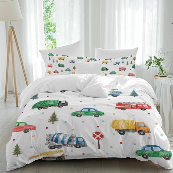 Cars Fire Trucks Duvet Cover Set Twin Size, Mixers Warning Cards Tree Wave Points 4 Piece Bedding Set with Zipper Closure & Corner Ties Soft Breathable Comforter Cover for Bedroom