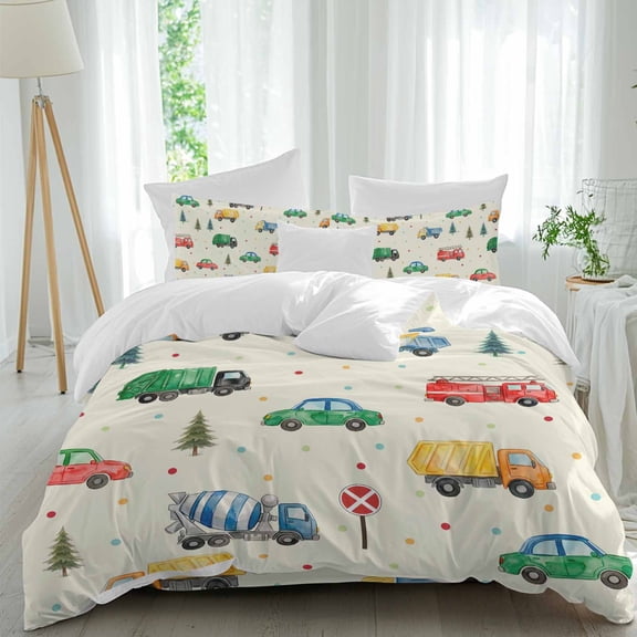 Cars Fire Trucks Duvet Cover Set Twin Size, Mixers Warning Cards Tree Wave Points Beige 4 Piece Bedding Set with Zipper Closure & Corner Ties Soft Breathable Comforter Cover for Bedroom