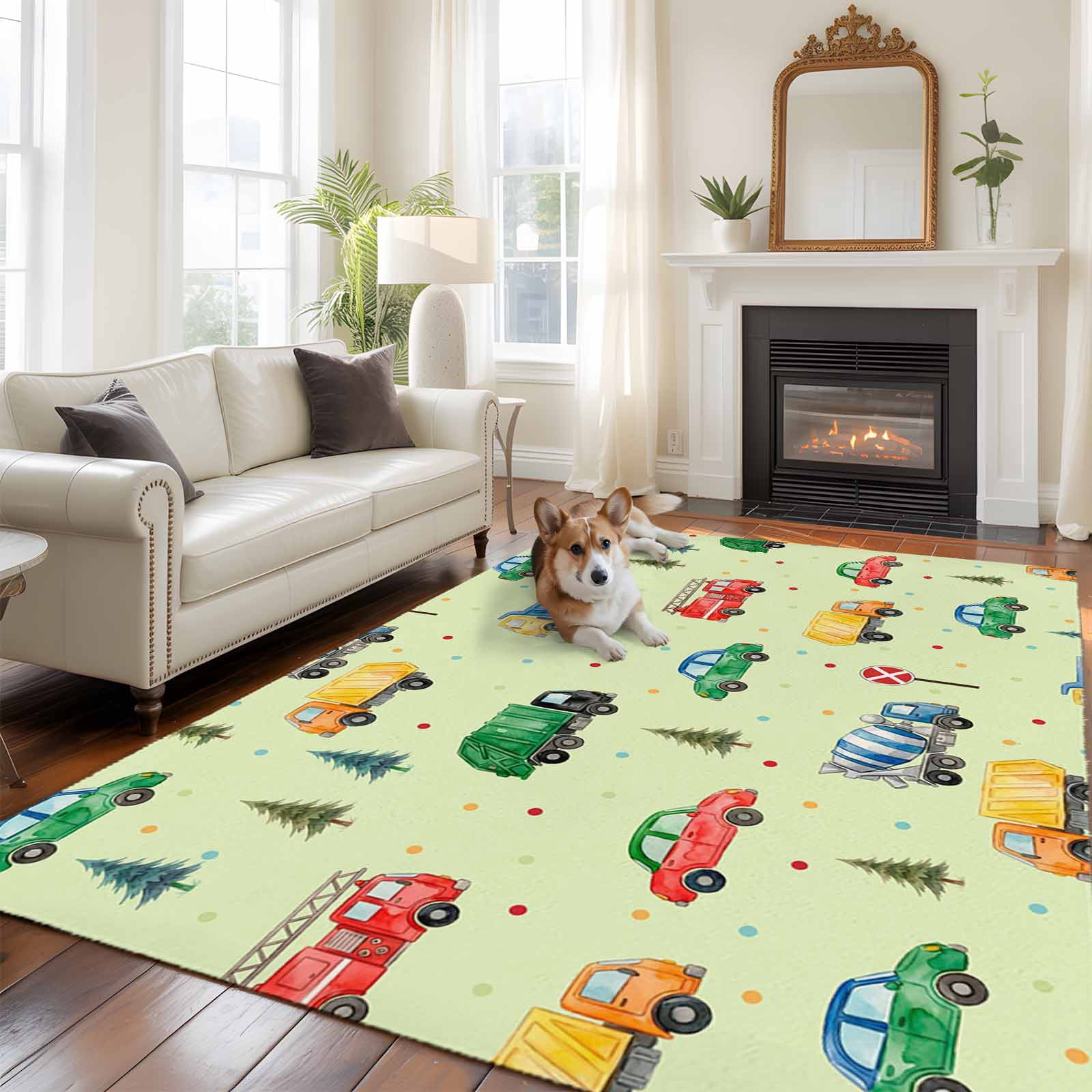 Caution Rug Cars Fire Trucks Large Area Rugs 6x9 ft Mixers Warning Cards Tree Wave ...