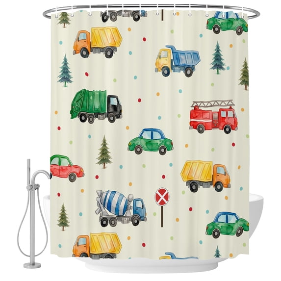 Cars Fire Trucks Shower Curtain for Bathroom, Mixers Warning Cards Tree ...