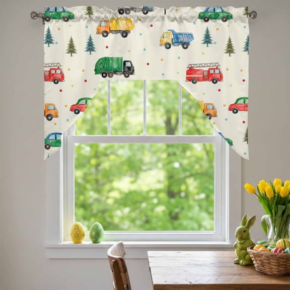 Cars Fire Trucks Swag Valances for Kitchen Window, Mixers Warning Cards Tree Wave Points Beige Small Swag Valances Rod Pocket Curtain Drapes Window Treatment for Bedroom Bathroom, 56x36 Inch