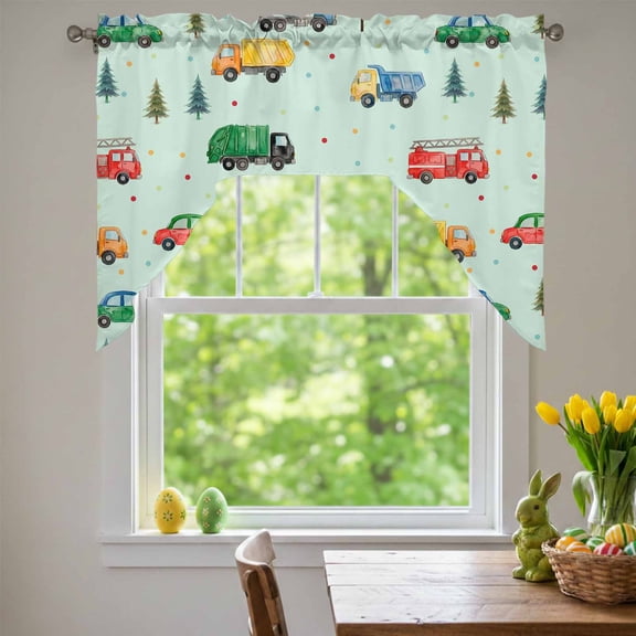 Cars Fire Trucks Swag Valances for Kitchen Window, Mixers Warning Cards Tree Wave Points Blue Small Swag Valances Rod Pocket Curtain Drapes Window Treatment for Bedroom Bathroom, 56x36 Inch