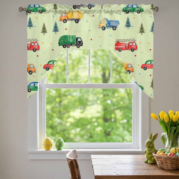 Cars Fire Trucks Swag Valances for Kitchen Window, Mixers Warning Cards Tree Wave Points Green Small Swag Valances Rod Pocket Curtain Drapes Window Treatment for Bedroom Bathroom, 56x36 Inch