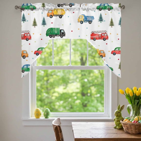 Cars Fire Trucks Swag Valances for Kitchen Window, Mixers Warning Cards Tree Wave Points Small Swag Valances Rod Pocket Curtain Drapes Window Treatment for Bedroom Bathroom, 56x36 Inch