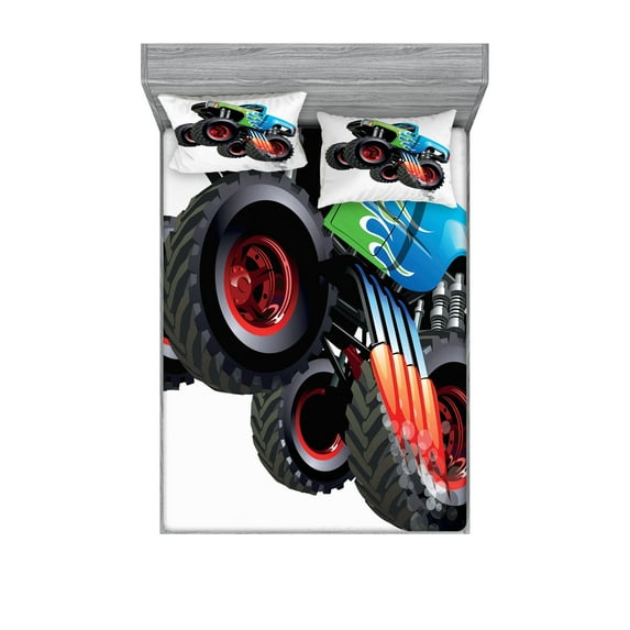 Cars Fitted Sheet & Pillow Sham Set, Cartoon Monster Truck Cool Vehicle Modified to the Perfection Colorful Design, Decorative Printed 6 Piece Bedding Decor Set, Full, Aqua Green Black, by Ambesonne