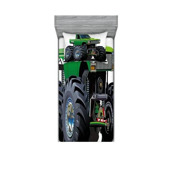 Cars Fitted Sheet & Pillow Sham Set, Giant Monster Pickup Truck Large Tires and Suspension Extreme Biggest Wheel Print, Decorative Printed 4 Piece Bedding Decor Set, Twin, Green Grey, by Ambesonne