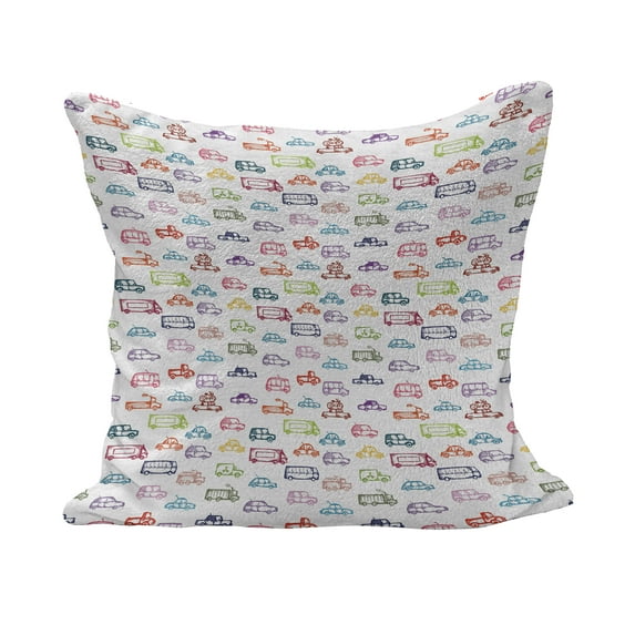 Cars Fluffy Throw Pillow Cushion Cover, Various Types of Vehicles Bus Truck Garbage Truck Sports Car Vibrant Colored Design, Decorative Square Accent Pillow Case, 18" x 18", Multicolor, by Ambesonne