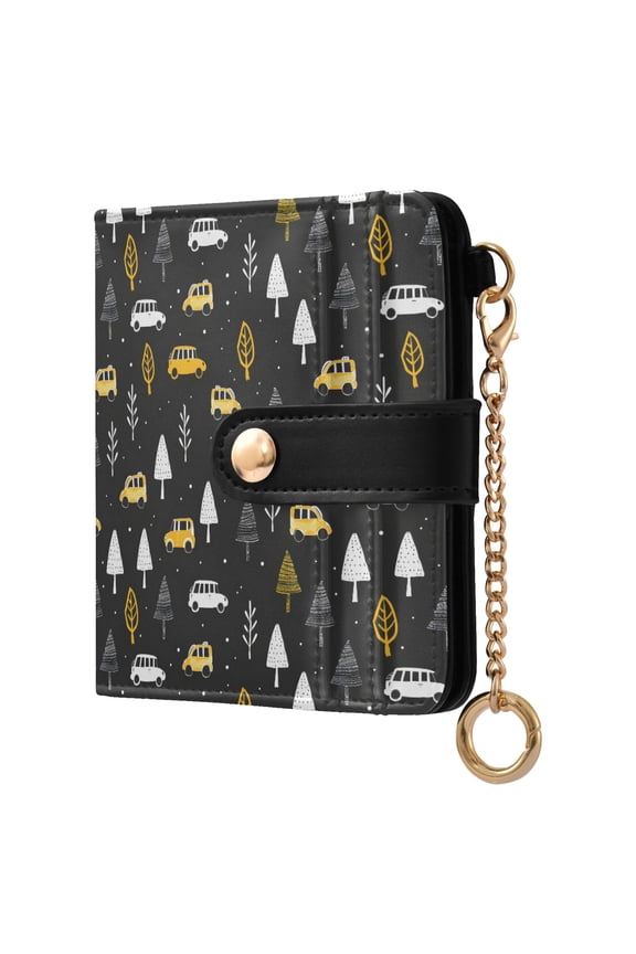 Cars in Forest Small Wallet for Women RFID Blocking Bifold PU Leather Credit Card Holder with Zipper Coin Pocket Compact Cute Travel Purse Magnetic Snap 7 Card Slots