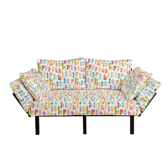 Cars Futon Couch, Drive on a Sunny Fun Summer Day Theme with Colorful Buses Trucks Exhaust Fumes, Daybed with Metal Frame Upholstered Sofa for Living Dorm, Loveseat, Multicolor, by Ambesonne