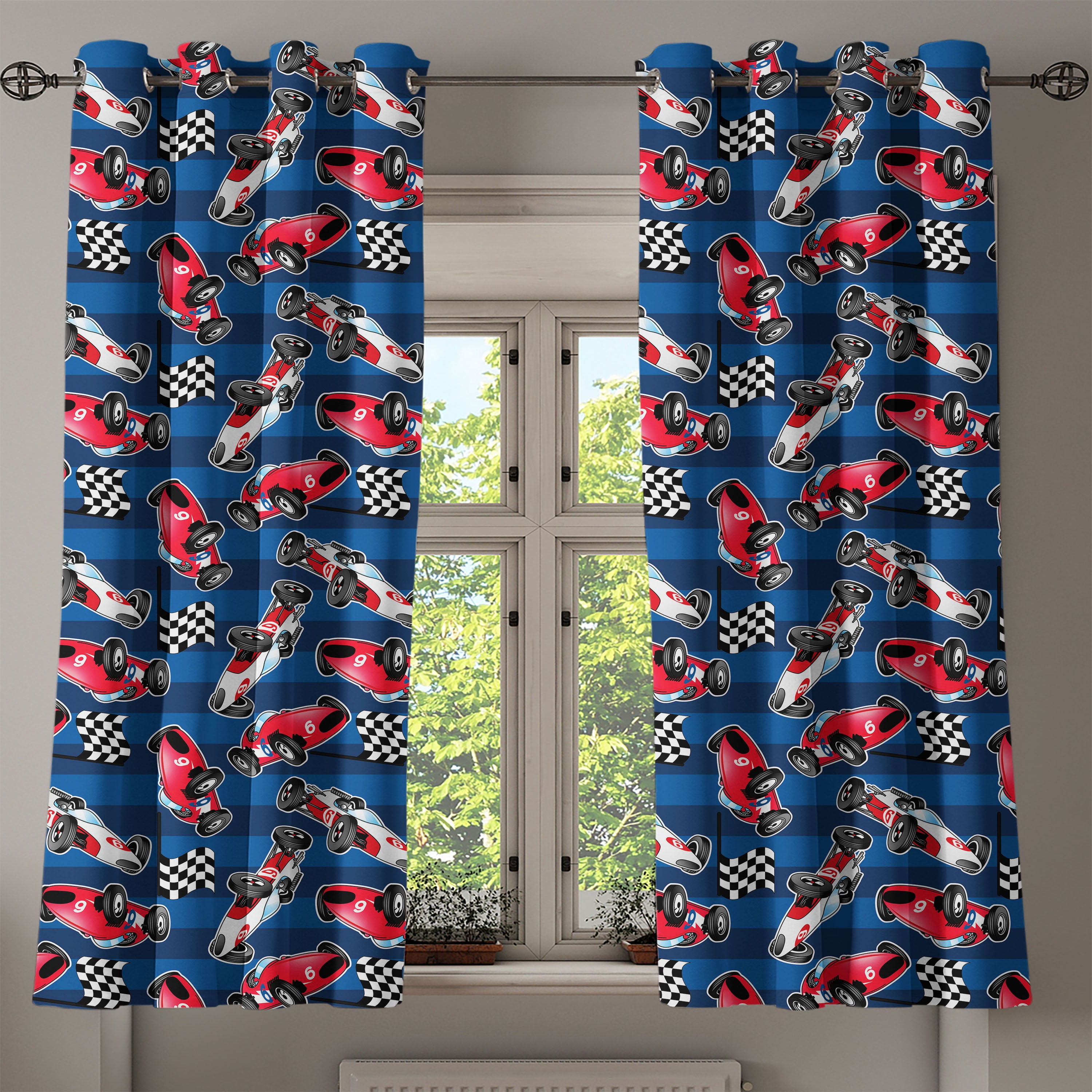 Cars Grommet Curtain, Vintage Racing Cars on Blue Stripes with