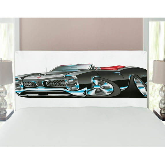 Cars Headboard, American Nostalgic Sports Muscle Car with Speeding Wheels Tires Print, Upholstered Decorative Metal Bed Headboard with Memory Foam, Full Size, Pale Grey Blue, by Ambesonne