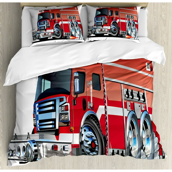 Cars King Size Duvet Cover Set, Big Fire Truck with Emergency Equipments Universal Safety Rescue Team Engine Cartoon, Decorative 3 Piece Bedding Set with 2 Pillow Shams, Red Silver, by Ambesonne