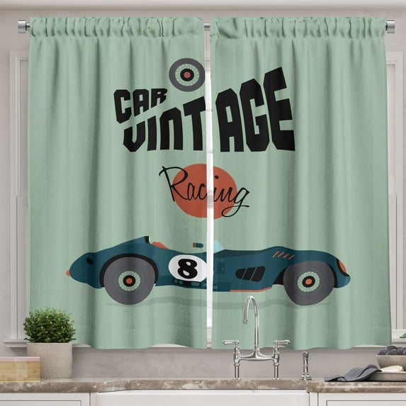 Cars Kitchen Curtains, Classical Vintage Car Poster Racing Sports Competition Theme, Two Panels Drapes with Rod Pocket Room Decor, 55" X 45", Reseda Green Petrol Blue, by Ambesonne