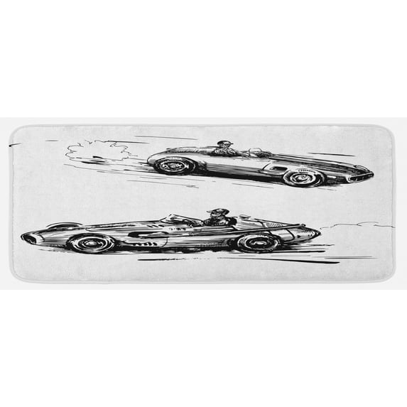 Cars Kitchen Mat, Vintage Racing Cars Hand Drawn Style Group Nostalgic Automobile Sketch Art, Plush Decorative Kitchen Mat with Non Slip Backing, 47" X 19", Black White, by Ambesonne