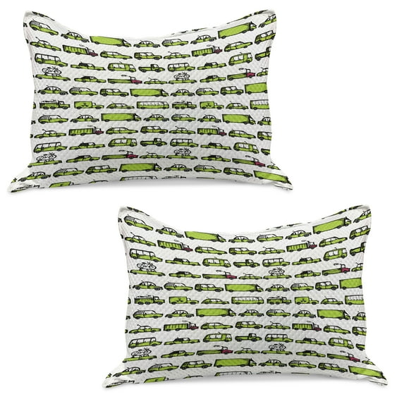 Cars Knitted Quilt Pillowcover Set of 2, Number of Cars with Various Jobs Trucks Sedans Buses Traveling Journey Working, Standard Queen Pillow Sham Bedroom, 30" x 20", Apple Green, by Ambesonne